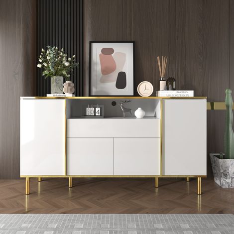 Commode blanche laquée brillante 150x40x80 cm tiroir meuble rangement chambre (1/5)