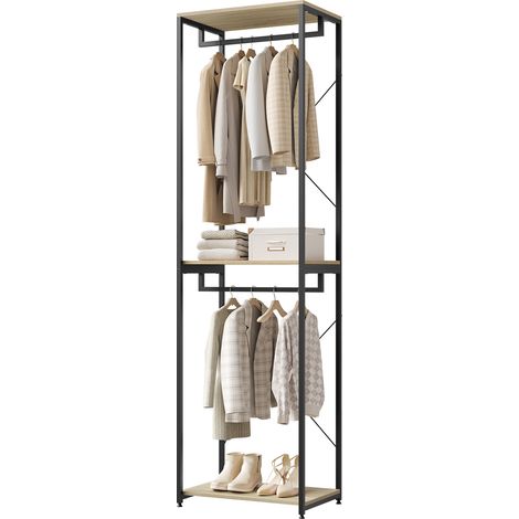 Woltu – Porte-manteaux sur pieds en bois et métal – Noir et chêne clair – Dimensions 60x40x213 cm – Capacité 10 kg par compartiment