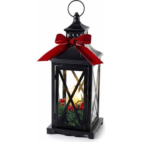 Lanterne di Natale in metallo con fiocco in velluto, ghirlanda con bacche rosse e 3 candele LED, cm14x14x35H (con gancio38,5)
