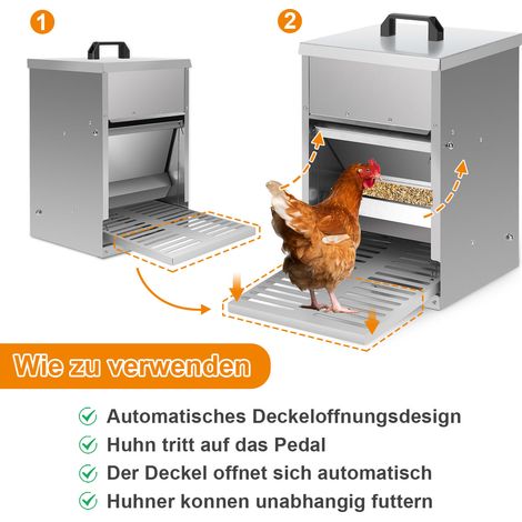 Wolketon Futterautomat Hühner mit Trittklappe – Automatischer Futterspender für Hühner, Gänse und Enten, 5KG Kapazität, wasserdicht und rattensicher