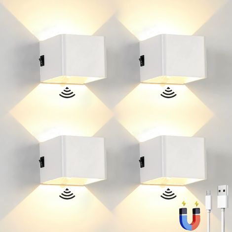 Lot de 4 appliques murales LED rechargeables avec détecteur de mouvement, lampe murale magnétique sans fil, 2 modes d'éclairage, blanche (1/5)
