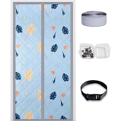 Rideau Porte Isolation Thermique magnétique Personnalisable, Couverture Porte en Tissu Thermique épais amélioré, Couverture Porte insonorisée Couverture d'isolation Porte Grenier,Blue Leaves