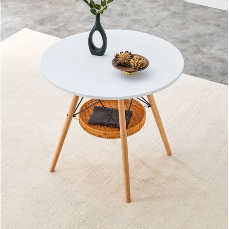 Tavolo da pranzo rotondo Ø 80 cm in bianco e legno, con cestello contenitore sospeso (1/5)