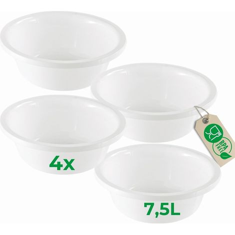 Novaliv Lot de 4 saladiers ronds 7,5 L, Ø 36 cm, blancs, sans BPA, lavables au lave-vaisselle, idéal pour la cuisine et le camping, saladier rond