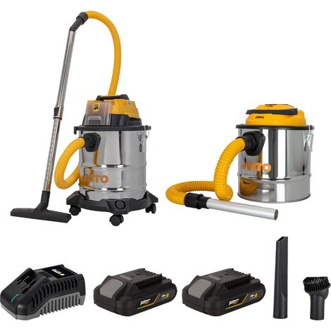 Pack 2 Aspirateurs 20V Eau Poussières Cendres + 2 Batterie lithium 2.0Ah + Chargeur Cuves INOX 20L et 12L VITO (1/5)