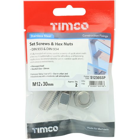 TIMCO Set Screws DIN933 Hex & Nut DIN934 Silver A2 Stainless Steel - M12 x 30
