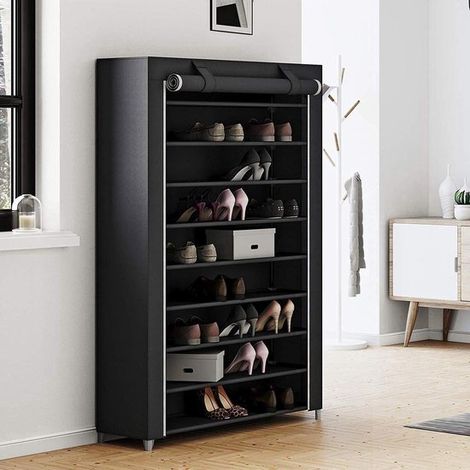 SM1Z XXXL - Étagère à chaussures pliable - 10 niveaux - Armoire en tissu - Armoire - Rangement - Noir - 100 x 28 x 164 cm (1/4)