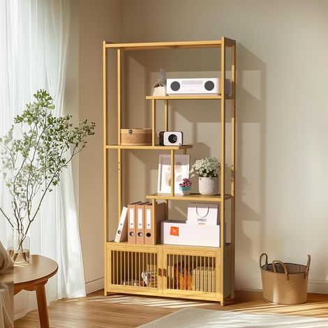 Scaffale Mensole Libreria in Bambu per Soggiorno Scaffale Alto in Legno Salvaspazio Scaffale Libreria Salotto 85,5x28x176cm (1/5)
