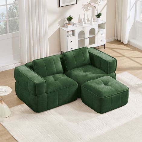 Divano angolare modulare 2 posti con pouf, senza struttura rigida, schiuma 32D, verde DESVIAE (1/5)