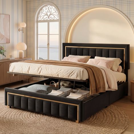 Lit coffre double 140x190 cm en flanelle Noir, avec sommier à lattes, tête de lit rembourrée et rangement hydraulique, moderne (1/5)