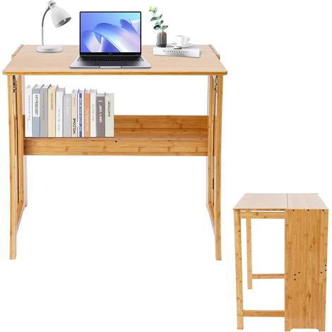 HAUTOUR Bureau pliant secrétaire avec étagère - Petit bureau d'ordinateur pliable pour la maison et le bureau - Peu encombrant - 83 x 54 x 76 cm (couleur bois) (1/5)