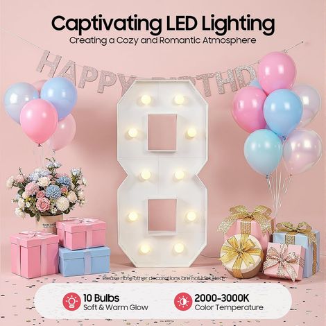 100cm Light Up Numbers, Mosaic LED Marquee Number Sign(8), 10 Warm White LEDs, KT Board Mosaic Frame, Wide Base Floor Standing, for Birthday Wedding Anniversary Table Wall Party Decor (1/5)