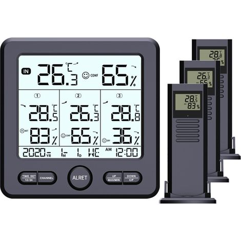 Thermomètre/hygromètre numérique avec 3 capteurs déportés, noir (1/4)