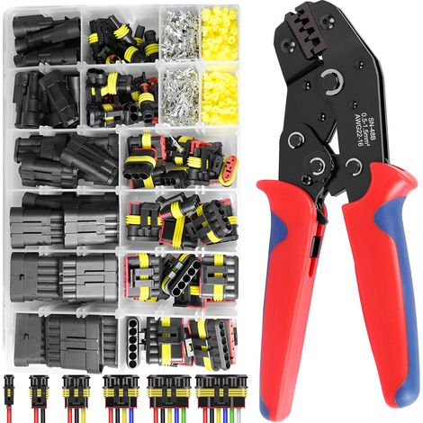 708 Pcs Connecteur Automobile avec Pince Sertir, Connecteurs Electrique Voiture Étanche, Kit Prise Câble 1/2/3/4/5/6 Broches, Set Outils Imperméable pour Moto, Scooter, Caravan, Camion, Bateau, Kayak (1/5)