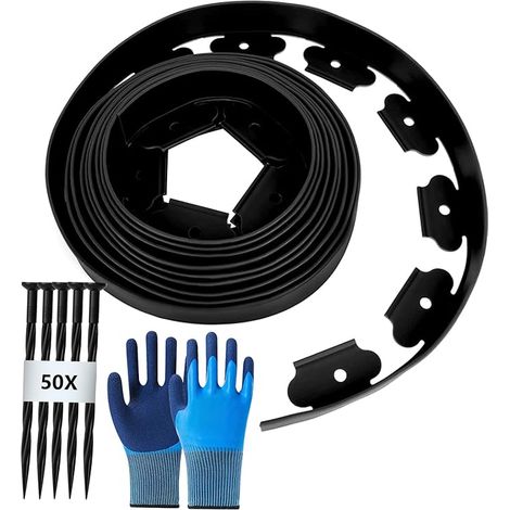 Bordure de Jardin Flexible Exterieur 10M, Bordure Jardin Hauteur 5cm avec 50 Clous et 1 Paire de Gants, Bordure Jardin Plastique, Bordure de Pelouse Flexible, Noir (1/5)