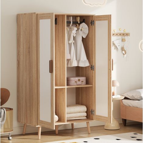 Armadio guardaroba in MDF bianco e effetto legno naturale, 2 ante con asta appendiabiti, 80 x 46 x 141,5 cm (1/5)
