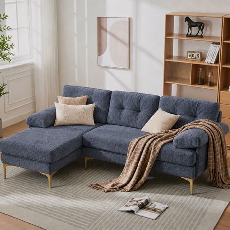 CHICFURN Sofá rinconero reversible 187,5 cm de chenilla azul, 3 plazas, patas de metal (1/4)