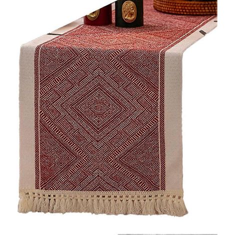 Chemin de table rouge de Noël, élégant chemin de table floral jacquard à franges pour la décoration intérieure, 35,5 x 180 cm (14 x 71 pouces) C (1/5)