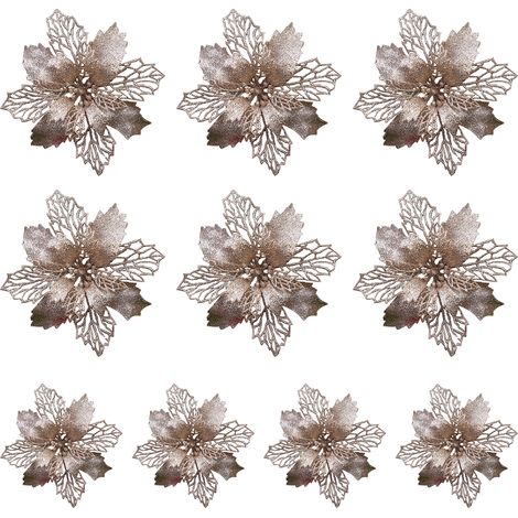 Fleur Artificielle Poinsettia - Décoration de Noël avec Pince - Pailletée Or Rose - Pour Arbre de Noël Guirlande Mariage - Lot de 10