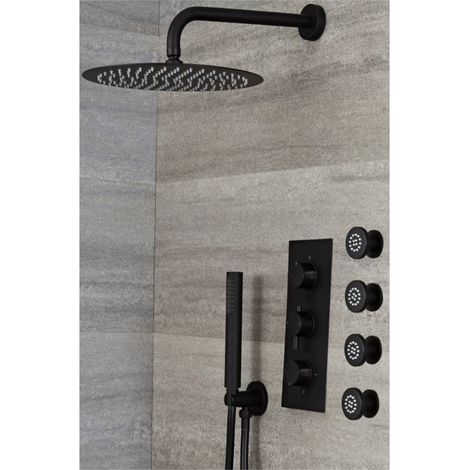Milano Nero 3 Outlet Triple Diverter Thermostatic Mixer Shower Valve with Wall Mounted 300mm Round Rainfall Shower Head Hand Shower Handset Kit and Body Jets - Black