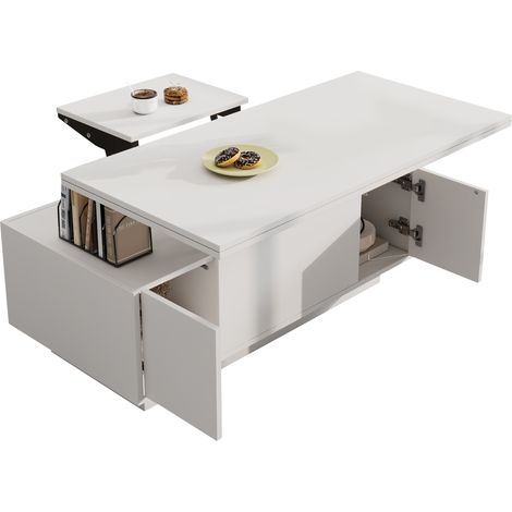 GagaTable basse relevable double avec rangement caché, blanc (1/5)