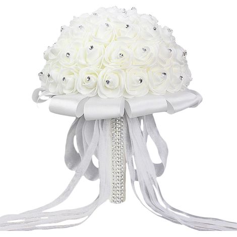 Bouquet de mariée fait main en ruban de strass blancs, idéal pour les mariages, les bouquets de demoiselles d'honneur et autres occasions. (1/5)
