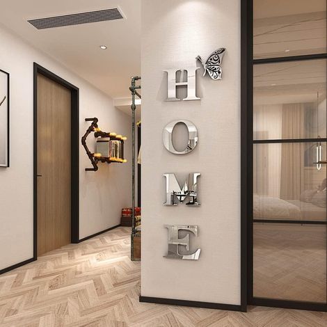 Pegatinas de pared de espejo acrílico, letras decorativas para pared, adhesivos de decoración para dormitorio y sala de estar, color plata (1/5)