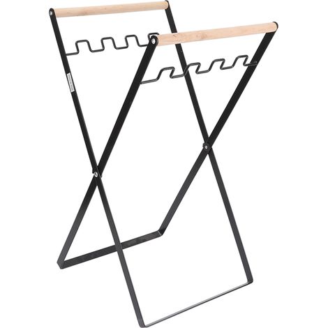 Support pour sacs poubelles avec poignée en caoutchouc et bois, support en fer au design plat, pliable et portable pour usage intérieur et extérieur, couleur noire