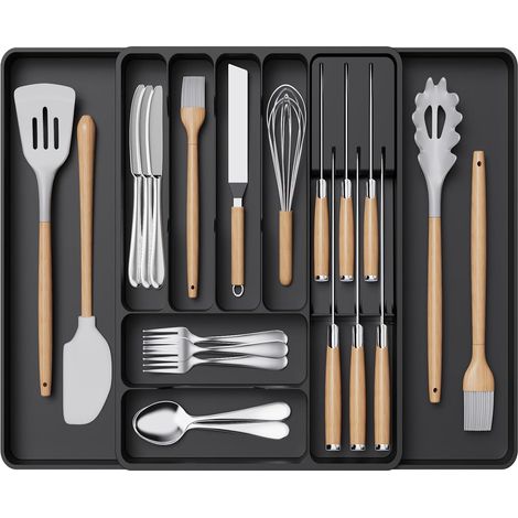 Range-Couverts pour Tiroir, Plateau à Couverts Extensible avec Bloc à Couteaux Amovible, Rangement Vaisselle Cuisine, Organisateur Cuillère et Fourchette, Profondeur 40 cm, Lot de 1, Noir (1/5)