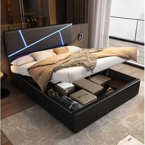 REDOM - Lit simple 90x200 cm avec LED et rangement hydraulique en PU noir (Sans matelas) (1/5)
