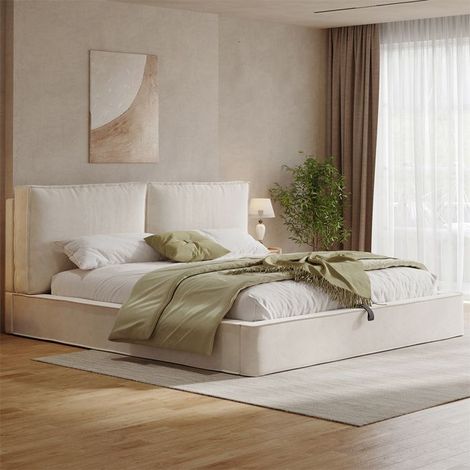 Lit rembourré hydraulique - 180x200 Chenille beige - Tête de lit capitonnée 105 cm - Sommier à lattes - Rangement 300 kg (1/5)