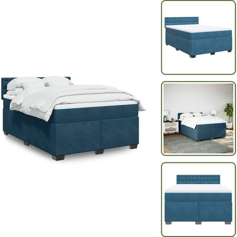 The Living Store Sommier à lattes de lit et matelas Bleu foncé 140x190cm Velours - Lit Double - Literie - Chambre À Coucher - Matelas À Ressorts Ensachés - Surmatelas (1/5)