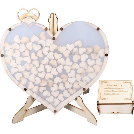 Livre d'or en bois avec support et cadre, orné de 80 cœurs en bois, idéal pour la réception de mariage. (1/5)