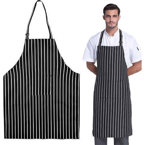 Juego de 2 delantales a rayas blancas y negras, ajustables, con 1 o más bolsillos, para usar en restaurantes, cafeterías, panaderías y jardines. (1/5)