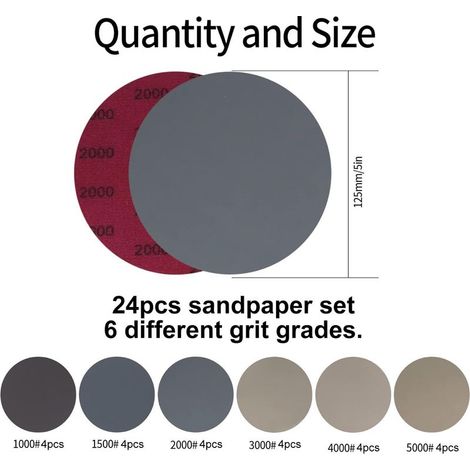 24 Pièces Disques de Ponçage Ronds Humides et Secs 125mm, Disque de Papier Abrasif Feuille de Sable, Papier de Verre, Papier Abrasif - 1000/1500/2000/3000/4000/5000 Grains (1/4)