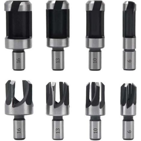8 Pièces Fraise à Bouchonner Bois, Mèche à Bouchon Bois 6 mm/10 mm/13 mm/16 mm, Acier Carbone Bois Plug Perceuse pour le Travail du Bois, Forets à Bois à Griffe et Coniques (1/4)