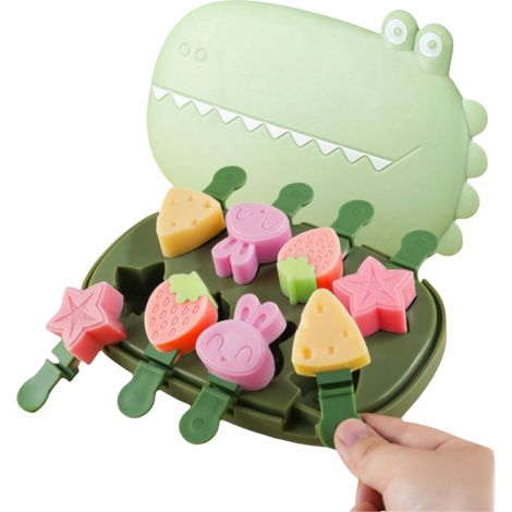 Silikon-Eisformen mit Tier-, Blumen-, Frucht- und Hasenmotiven, wiederverwendbare Mini-Cake-Pop-Formen mit Deckel und Stiel, leicht zu lösen, BPA-frei (Grünes Krokodil (8 Stück))/Grün