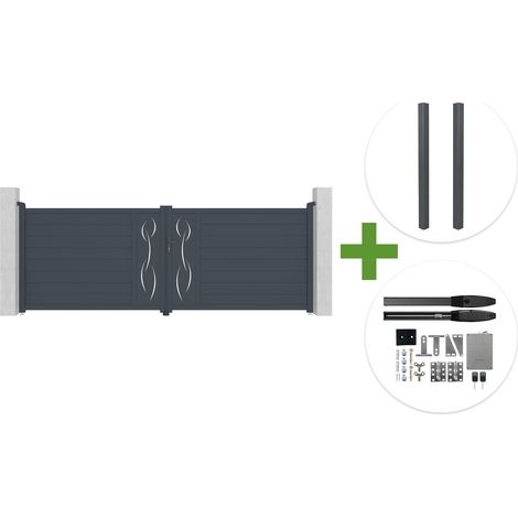 Portail battant 4m LIFE H.140cm aluminium gris + 2 poteaux ELDA + motorisation Hicker B200 (1/5)