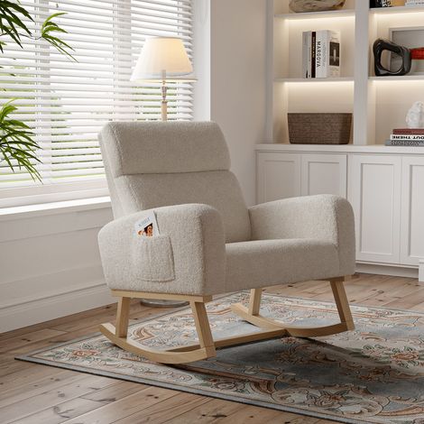 Fauteuil à bascule, Fauteuil confortable avec poches latérales, Dossier rembourré, tissu sherpa,Style Scandinave,chaise à bascule décontractée - Beige (1/5)