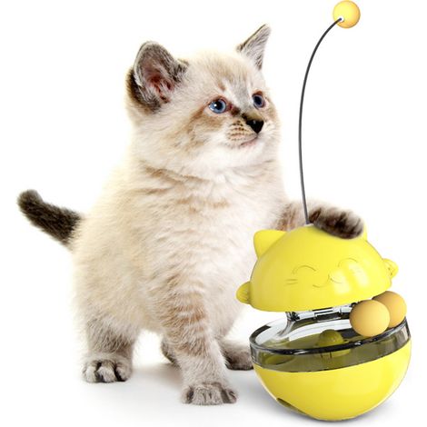 Balle Distributrice de Friandises - Jaune - TPR - 10x10x13,5cm - Anti-bascule avec Bâton Interactif pour Chat et Chien (1/5)