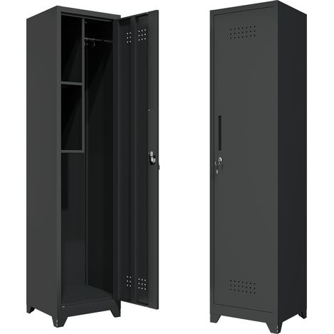 Schwarzer Metall-Besenschrank mit Schloss, Ablagen und Kleiderstange, 165 cm (1/5)