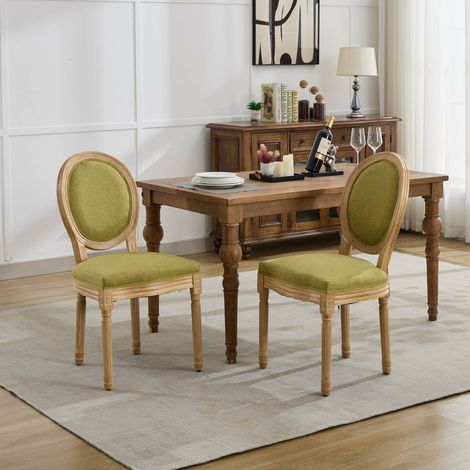 Set di 2 sedie da pranzo con schienale ovale, seduta in tessuto effetto lino e struttura in legno, stile francese rustico - Verde oliva (1/5)