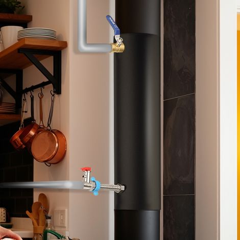 TolleTour Tubo camino Ø12 con serpentina in acciaio inox, altezza 52,5 cm, set completo con rubinetto a sfera, valvola di sovrapressione e accessori – Efficiente scambiatore di calore per acqua calda (1/5)