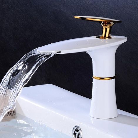 Einloch-Waschtischarmatur mit Wasserfallfunktion, Warm- und Kaltwasser, Messing, gold-weiße Ausführung, Unterbaumontage im Badezimmer - SONSTIGES
