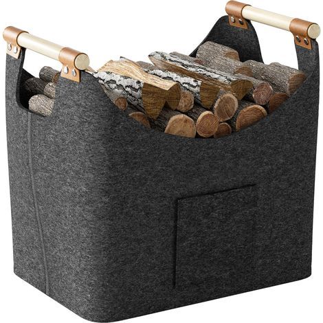 Panier à bûches en feutre avec poignées en bois renforcées,une petite poche extérieure, grand panier à bûches pour bois, journaux ou bois de chauffage (1/5)