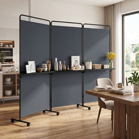Paravent en tissu polyester gris, séparateur de pièce 3 panneaux avec 3 étagères, intimité pour salon ou bureau (1/5)