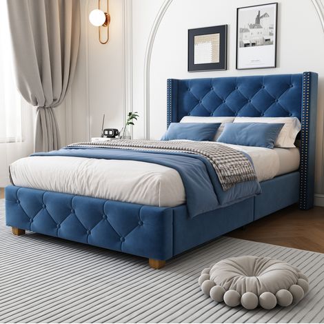 Cama tapizada de terciopelo azul 90x200 cm con somier de láminas y cabecero con botones (1/5)