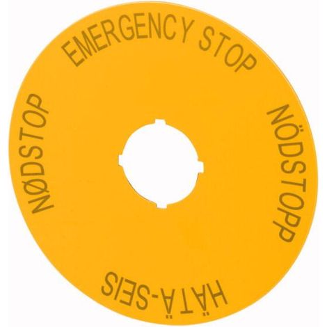 Étiquette arrêt d'urgence jaune D 90mm 4 langues DE SV FI DA EATON M22-XAK4