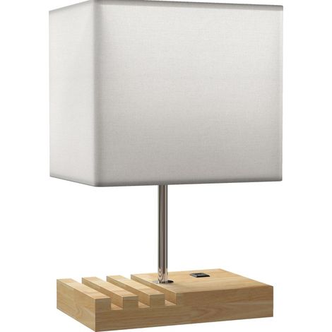 Lampe de chevet avec ports USB, base en bois et abat-jour en tissu blanc (1/5)