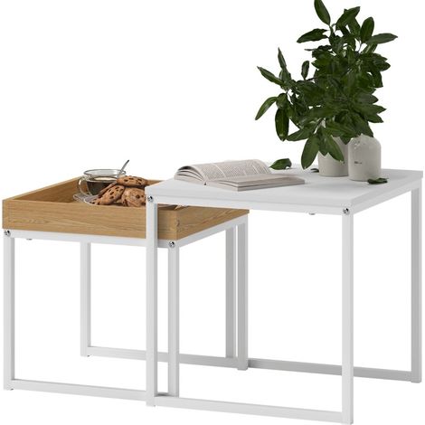 Set de 2 mesas de centro cuadradas para salón MDF y acero blanco 45 x 45 x 45 cm (1/5)